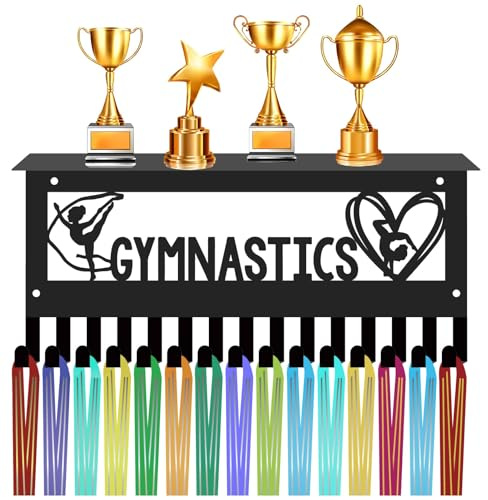 CREATCABIN Soporte Medallas Gimnasia Estante,Medalla Deportiva,Colgador Trofeos,Estante Exhibición,Marco Montaje En Pared,Decoración,Ganchos para Colgar,Cintas,Bailarín,Atleta,30x13cm,Negro