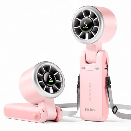 Diveblues Ventilateur Portable à Main, Ultra Rapide 10m/s, 5 Vitesses, Batterie Rechargeable, Jusqu'à 12h, Ventilateur de Poche avec Technologie Turbo pour Extérieur, Voyage, Rose