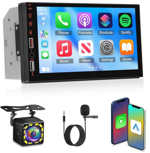 Double Din Car Radio with Wireless Carplay & Android Auto - 7 Inch IPS Touchscreen Car Radio with Mirror Link, EQ, Bluetooth, FM Radio, AUX/USB Port, SWC + Backup Camera + Mic