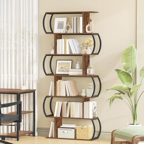 Hzuaneri 6-Tier Bücherregal, Offenes Standregal aus Eisen und Holz, Präsentationsregal, S-förmiges Bücherregal, Regalböden, für Wohnzimmer, Arbeitszimmer, 24 x 70 x 176,5 cm, Braun BC16001B