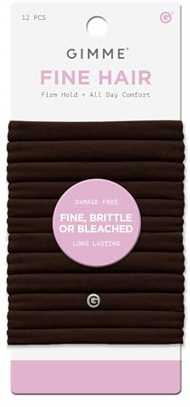 Gimme Beauty Fine Hair Elastic Bands - Slim-Fit Elastic Ties for Fine, Brittle, or Bleached Hair - No-Dent, Gentle-Grip Ponytail Holders for All-Day Comfort - 12 Pack, Dark Brown