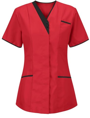 HAOLEI Scrub Tops for Women Uniform Beauty Healthcare Spa Salon Scrub Top Plus Size Short Sleeve Plain V Neck T Shirt UK Sale 2051 Casual Summer Shirts with Pockets Tunics Ladies Work Blouses