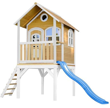 AXI Laura Casa Bambini con paviment e scivolo blu | Casetta da giardino/esterno in marrone e bianco in legno FSC | Parco giochi per bambini