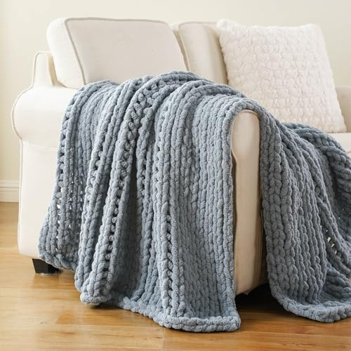 Battilo Chunky Knit Blanket Throw Dusty Blue Chenille Sofa Throw 125x150cm | Handmade Cable Knit Crochet Blanket, Soft Thick Large Rope Knot Throw Blankets for Bed Home Decor