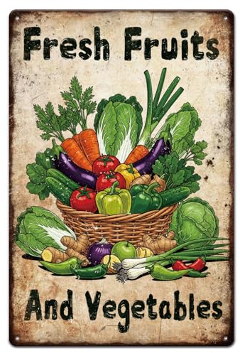 GLOBLELAND Cartel de metal de frutas y verduras, 8 x 12 pulgadas, frutas y verduras frescas, pintura vintage, cartel de chapa, placa para decoración de pared de cocina, soporte de mercado de