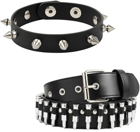 WORUIB Studded Belt and Bracelet Set, Punk Goth Y2K Style Accessories, Adjustable Bullet Belt with Metal Studs, Black Leather Strap for Men and Women, Halloween and Festival Outfits