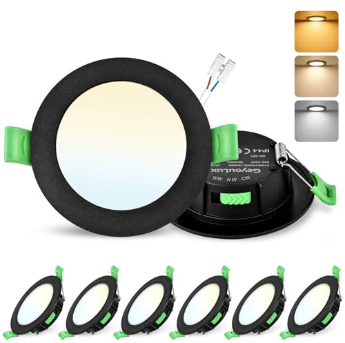 GeyouLux Lot de 6 Spot LED Encastrable 68mm, 7W Spots de Plafond Encastre Extra Plat 2700K/4000K/6500K Réglable, Intensité variable 10-100% IP44 Spot Salle de Bain LED pour Salon Cuisine, Rond Noir