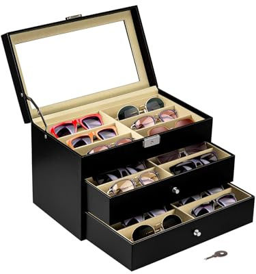Glasses Case, 18 Piece Sunglasses Organizer Storage Box Leather Eyeglasses Storage and Display Case Eyeglasses Eyewear Organizer with Lock for Women and Men