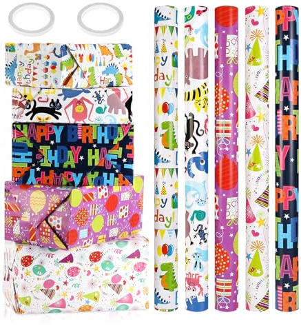 Rlssaki 5 Piezas Papel de Regalo Rollo Grande, Wrapping Paper para Niños, Papel Envolver Regalo con Bonitos Patrones, Papel de Embrulho de Kraft, para Navidad, Cumpleaños, Bodas, Fiestas (43cm x 3m)