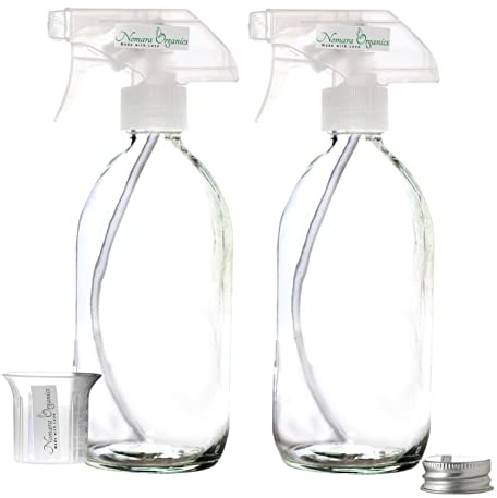 Nomara Organics Clear Glass Spray Bottles with Fine Mist Trigger Pumps, 2 Pack, Refillable and Reusable Misting Sprayers for Cleaning Solutions, Oil, Vinegar, in Kitchen, Bathroom. 300mL