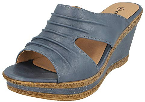 Ladies Leather Lined Peep Toe Mid Wedge Mule Sandals (Blue, Numeric_6)