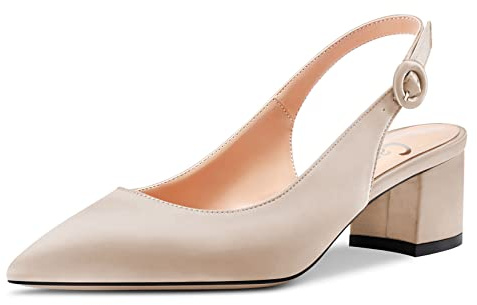 Castamere Femmes Bloc Chunky Bas Talon Heel Fermé Pointu Bout Slingback Escarpins Boucle Cute Dress Bureau 5 CM Heels Beige Satin 41 EU