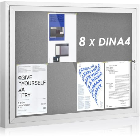 SWANCROWN Outdoor Lockable Notice Board 95x71cm, Grey Felt Board | Tamperproof, Weatherproof, 8xA4, Locking Door, Shatterproof, Wall Mount, Aluminum Frame, Pin Board for Office School Store