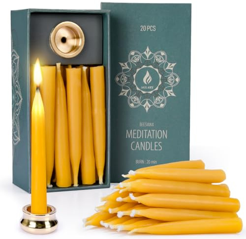 20 Minute Pure Beeswax Candles, Dripless Meditation Candles, Mini Taper Candles, Set of 20 with Brass Candle Holders.