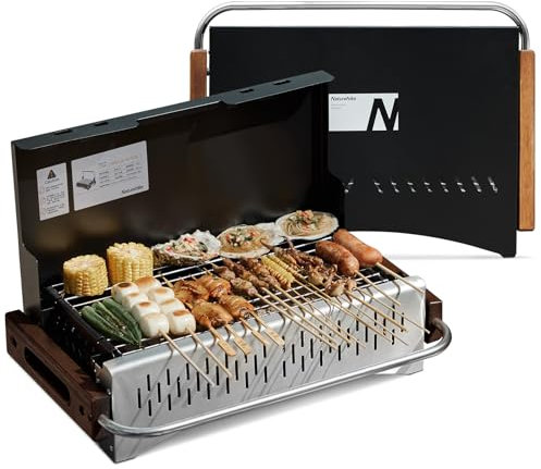Naturehike Charcoal Grill, BBQ Grill Folding Portable Lightweight Smoker Grill,Barbecue Grill Small Desk Tabletop Outdoor Grill for Camping Picnics, Backyard Garden Beach Party, Black