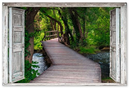 MuchoWow© Garden Decor 70x47 / 180x120 cm Balcony Accessories Outdoor Decorations Posters Wall Art For Gardens Outside Poster Decoration Bridge - Forest - Vista