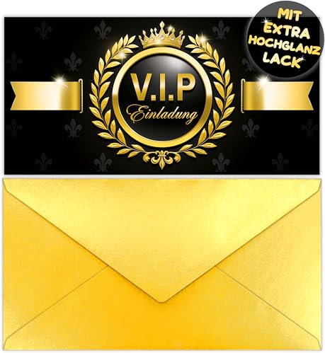 12x VIP EINLADUNGSKARTEN + 12x UMSCHLÄGE Gold Junge Mädchen Erwachsene - die Party Karten sind die VIP EINLADUNG für Jugendweihe Silvester Hochzeit Geburtstag Einladung Kindergeburtstag Jubiläum