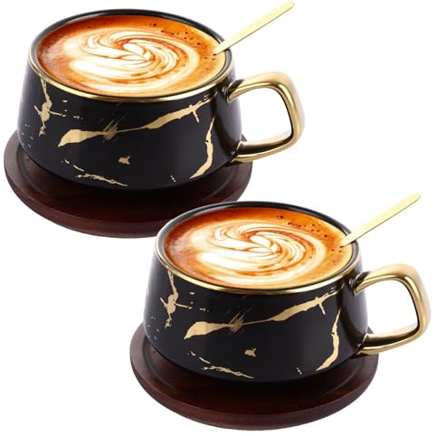 LDXDRU 2 Pack 380ml Tea Cup and Saucer Set, Porcelain Cappuccino Cups with Saucers & Spoons, Black Ceramic Coffee Mug for Home Festival Birthday Gift