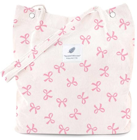 LHMTQVK Corduroy Tote Bags for Women, Large Capacity Corduroy Bag Reusable Grocery Shoulder Bag with Inner Pockets(Pink Ribbon)
