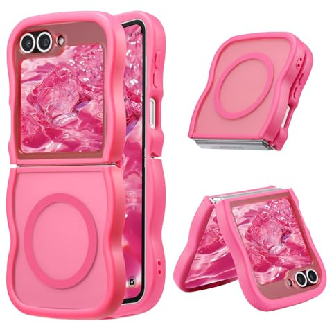 UEEBAI Funda magnética para Samsung Galaxy Z Flip 5/Z Flip 6/7 FE, compatible con MagSafe, diseño de marco transparente ondulado, cubierta de borde suave, mate, a prueba de golpes, color rosa intenso
