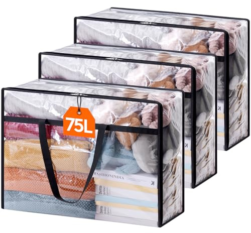 Lifewit 3 Pack Clear Plastic Storage Bags, 75L Foldable Clothes Storage Boxes Wardrobe Organizer Moving Bags with Reinforced Handle for Loft Wardrobe for Bedding Clothes Blanket Duvet