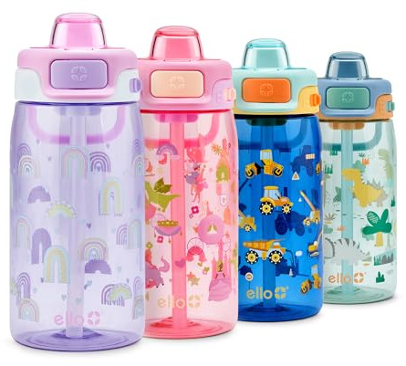 Ello Kids Pop & Fill 16oz Tritan Plastic Water Bottle with Quick Fill Technology, Leak Proof Locking Lid, Sip & Chug, BPA Free, Dishwasher Safe, For School, Lunchboxes, Rainbows