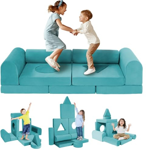 FKSLIFE 11pcs Modular Kids Play Couch Toddler Sectional Sofa DIY Creativing Convertible Play Fort Foam Play Couch Child Floor Folding Sofa for Playroom Bedroom Living Rooms Furniture(Dark Gray)