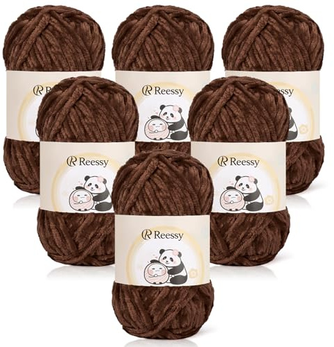 Reessy Chenille Yarn 600g(6×100g), Super Soft Fluffy Velvet Yarn Set, Thick Yarns Knitting Wool for Knitting and Crochet Amigurumi, Handbag, Blankets, DIY(Brown)