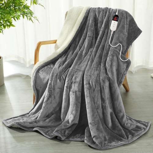 COZYTY Heated Blanket 130 x 180 cm – Flannel Electric Blanket 6 Heat Settings & 10-Hour Auto-Off Timer, Overheat Protection, Machine Washable, Grey