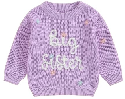 Sister Matching Clothes Big Sister Jumper Little Sister Sweater Toddler Baby Girl Knitted Pullover Top Fall Winter Knitwear Clothing (Big Sister Purple, 2-3 Years)