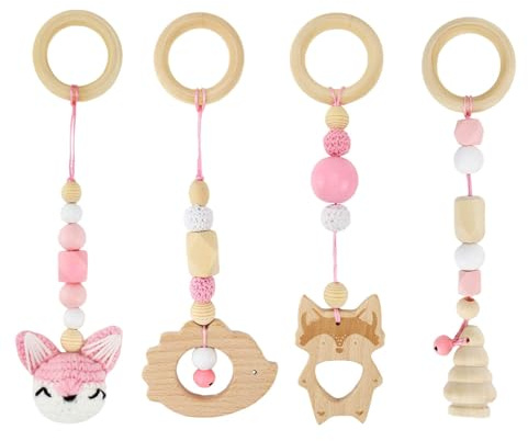 Whcctl 4 Pièces Arche Eveil Bebe, Arche Eveil Bebe, Jouets de Gym Pliable, Portique Deveil Bebe Bois, pour Bébés Filles et Garçons, Arches de Jeu, Poussettes ou Porte-Bébés (Rose)