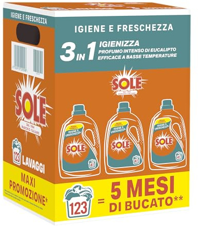 Sole Detersivo Lavatrice Igiene e Freschezza 123 Lavaggi, Formula igienizzante, Detersivo Lavatrice Liquido Igiene e Freschezza, rimuove le macchie a basse temperature