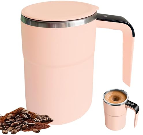 WIYETY 380ml Elektrischer Selbstrührende Kaffeetasse: Self Stirring Cup aus Edelstahl, Kaffeetasse mit Temperaturanzeige, Magnetische Tasse Selbstrührend für Kaffee Tee Milch, Rosa
