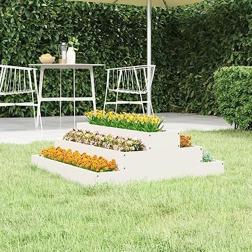 YUTAASU Fioriera in Legno di Pino Massello Bianco 80x80x27 cm con Design a Scala a 3 Livelli per Piante e Fiori - Struttura Robusta e Stabile per Giardino, Ideale