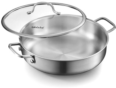 Saute Pan with Lid, 12 Inch 7QT Tri-Ply Stainless Steel Braiser Pan, Deep Frying Pan & Chef Skillet, Induction Compatible Cookware, Dishwasher & Oven Safe, Works on Gas and Ceramic Cooktops