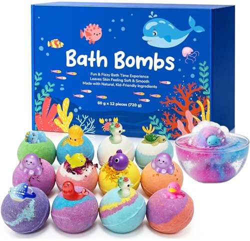 Paquete de 12 bombas de baño para niños con sorpresa – Bombas de baño naturales para niños con juguetes en el interior, set de regalo para cumpleaños y Navidad