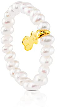 Anillo elástico TOUS Pearls con perlas y oso de oro amarillo 18 kt - Talla 11.5