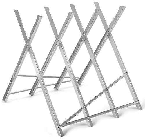 Goplus Portable Folding Sawhorse, Adjustable Steel Sawbuck for Firewood, Heavy Duty 220 lbs Sawhorse Work Table, Lightweight Log Wood Cutting Saw Horses Stand