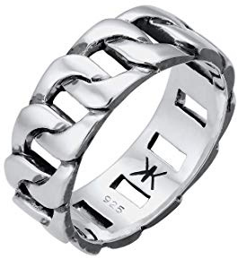 Kuzzoi Bague massive pour homme (8 mm) en design Panzer noir oxydé, bague en bande pour hommes en argent sterling 925, bague avec look chaîne épaisse, taille de bague 60-66, 0608382919, Argent