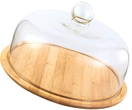 VOSAREA Wood Cake Tray with Glass Dome Cover - Round Cake Display Plate Serving Platter Dessert Storage Tray for Wedding Party Supplies (Clear, 24cm)
