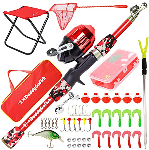 DaddyGoFish Kids Fishing Pole - Rod Reel Combo Tackle Box Starter Set - First Year Small Dock Gear Kit for Boys Girls Toddler Youth Age Beginner Little Children Junior Anglers (Red, 4ft)