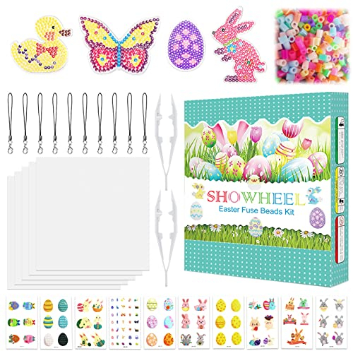 SHOWHEEL Bügelperlen Set Ostern,Bügelperlen Platten,mit 2000 bunten Bügelperlen,4 Stiftplatten,8 Muster Vorlagen Stiftplatte Zubehör,zum Basteln Handwerk,Geeignet für Erwachsene