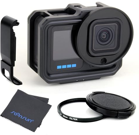 SOONSUN Aluminum Case with UV Filter and Charging Side Door for GoPro Hero 13 12 11 10 9 Black, Metal Cage Protective Frame Housing Built-in Dual Cold Shoe Mount to Connect Video Light Microphone