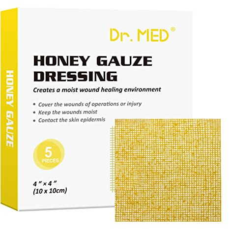 Dr. Med Manuka Honey Gauze Dressing 4 x 4, (5 PCS/Box) Honey Medical Bandage Wound Care Patch for Minor Abrasions, Cuts, Lacerations, Scald and Burns for Wound Healing, Chemical and Drug Free