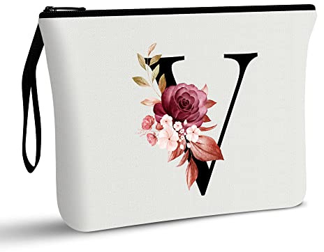 A-Z Personalized Makeup Bag, Birthday Gifts for Women Mom Bridesmaid (V) | Initial Gifts for Best Friend, Bride Girls, Cosmetic Bag