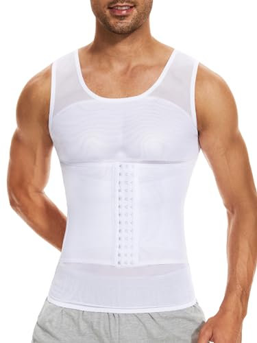 SLIMBELLE Shapewear Unterhemd Herren Bauchweg Kompression Unterwäsche Tank Top Herren Kompressionsshirt Body Shaper mit Tummy Control Taille Gürtel Weiß L
