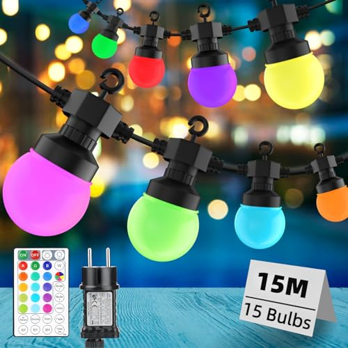Gaoxun LED Lichterkette Außen Strom, 15m RGB Outdoor Lichterketten IP44 Wetterfest Dimmbar, Timer, 15 G50 Glühbirnen Aussen Beleuchtung mit Fernbedienung für Garten Balkon Pavillon Terrasse Party