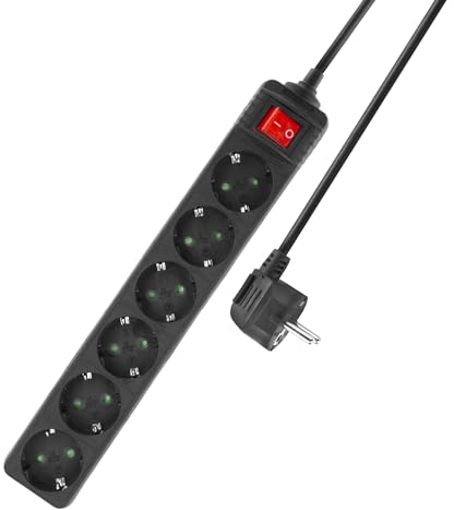 ACT Steckdosenleiste 6-Fach, Steckdosenleiste 3m Kabel, Steckerleiste mit Schalter, Mehrfachsteckdose Schwarz mit Kindersicherung, Verteilersteckdose mit 45 Grad Winkel – AC2465