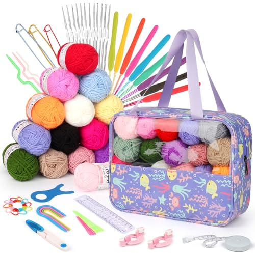 Reessy Crochet Kits for Beginners Adults, Complete Kids Crochet Set with 16 Colors Yarns 21 Sizes Ergonomic Crochet Hooks and Knitting Accessories, Beginners Crochet Kit with Crochet Bag