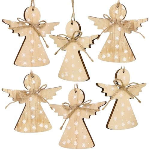 MEJOSER 6 Stück Weihnachtsbaumschmuck Holz Engel Schutzengel Baumschmuck Weihnachtsbaum Anhänger Weihnachtsdeko Tannenbaum Christbaumschmuck Weihnachten Deko zum Aufhängen (Engel)